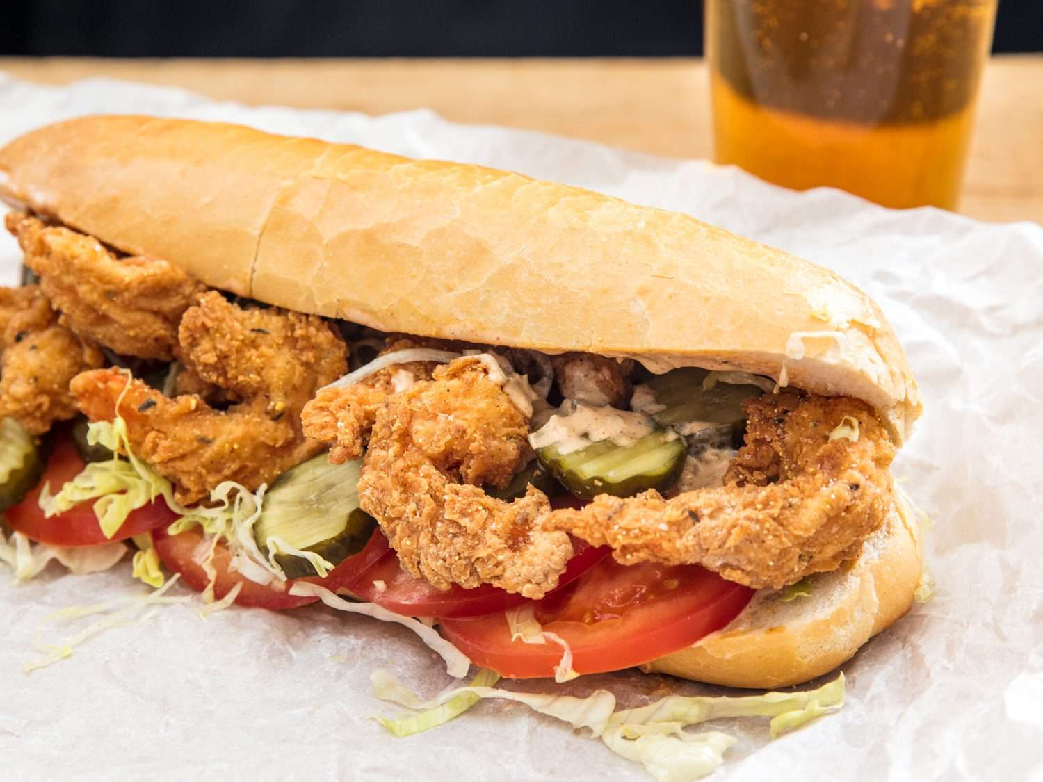 Closeup of shrimp po' boy.