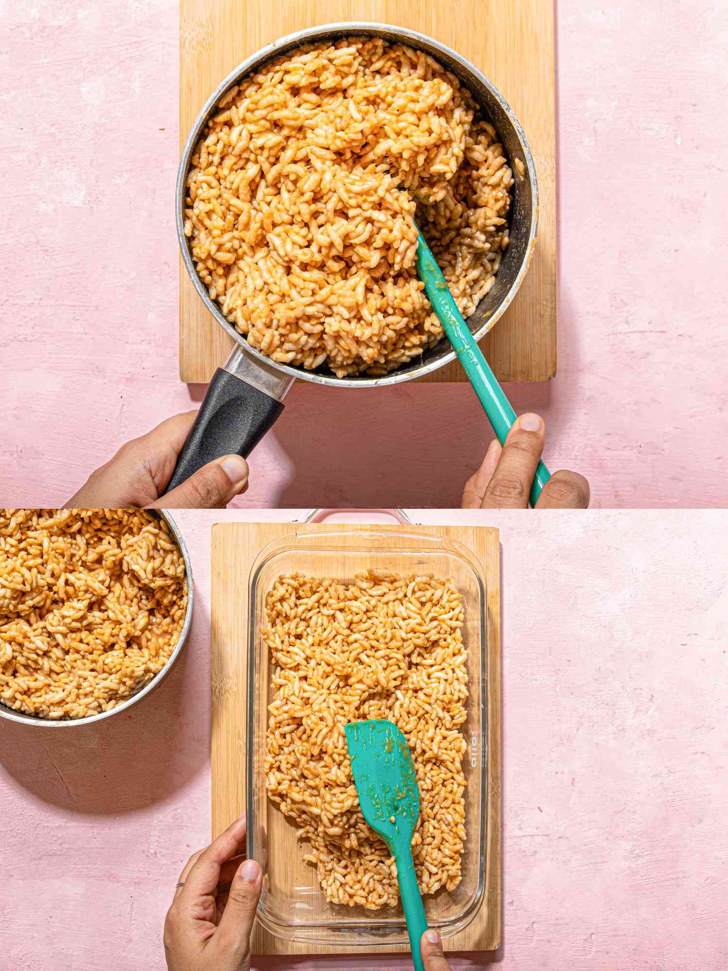 A sequence showing the preparation of a dessert involving rice cereal mixture being transferred from a pot to a dish with a spatula