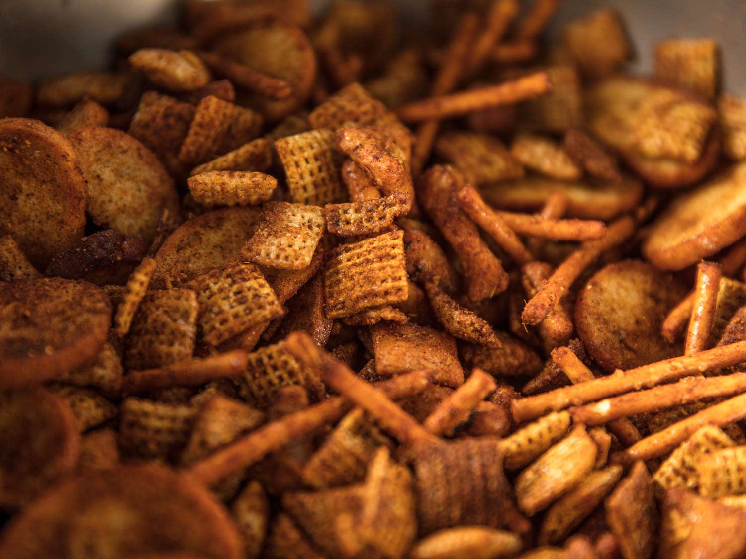 A close-up shot of the spice-tossed chex mix.