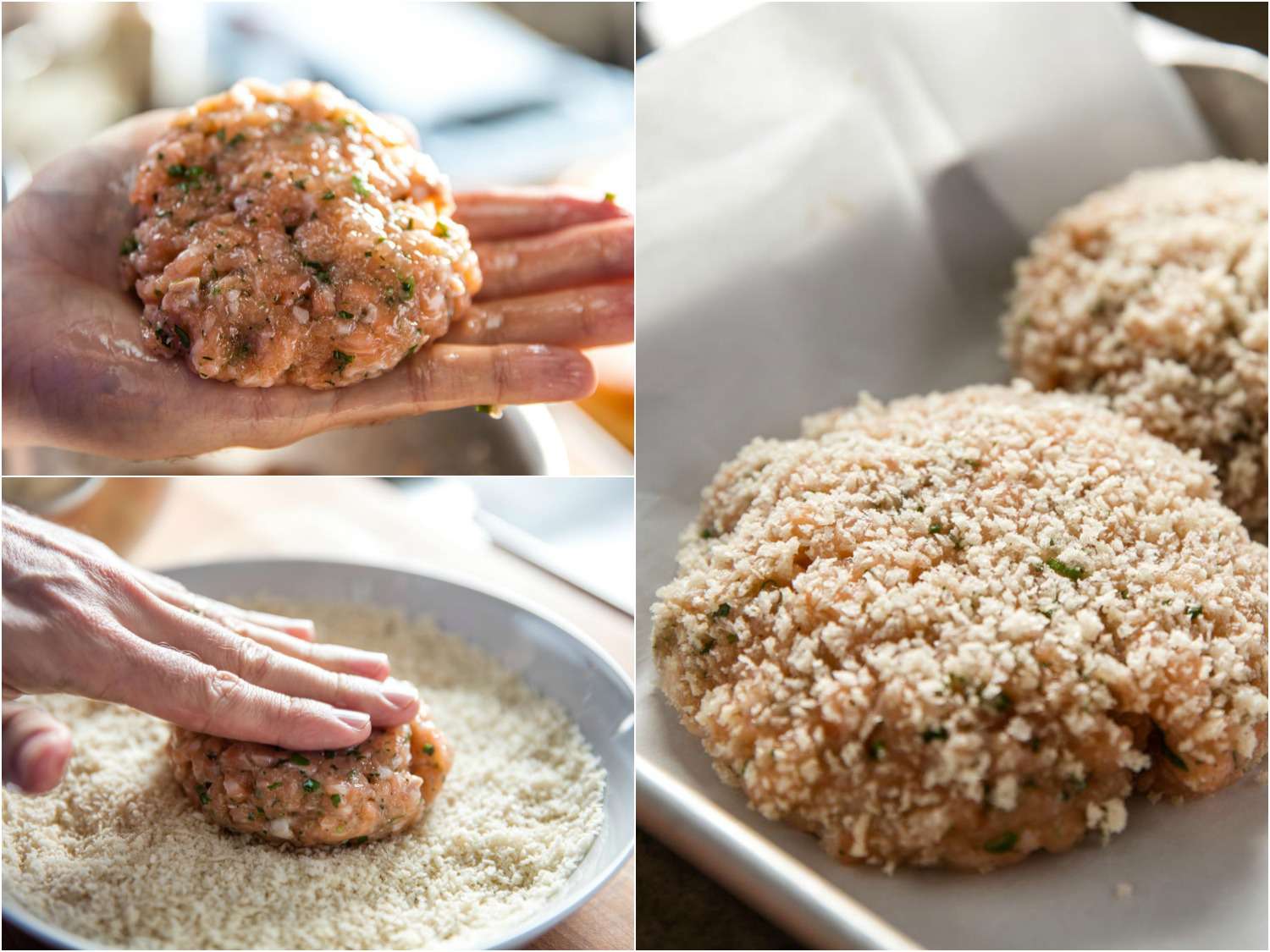 Collage of a formed salmon burger patty being coated with panko breadcrumbs.