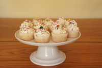 Cupcakes with frosting and sprinkles on a cake stand