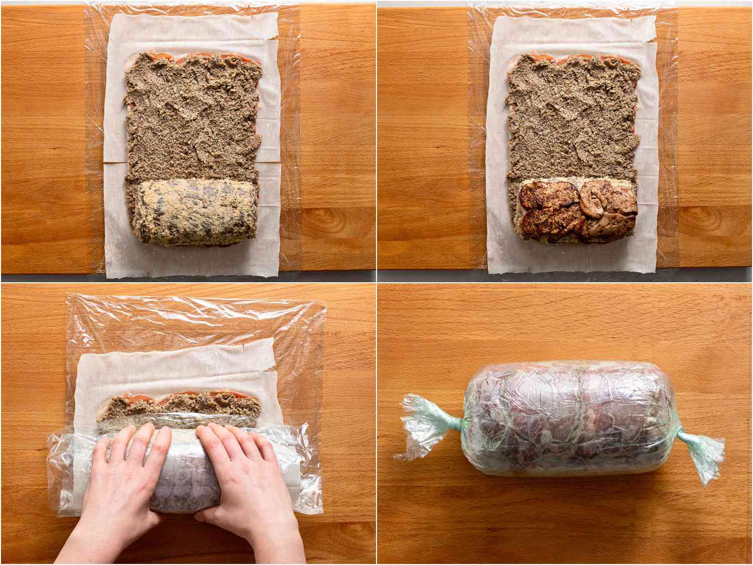 A collage showing the mustard-rubbed tenderloin being layered with seared foie gras, being placed on the duxelles-spread prosciutto, and being rolled into a log.