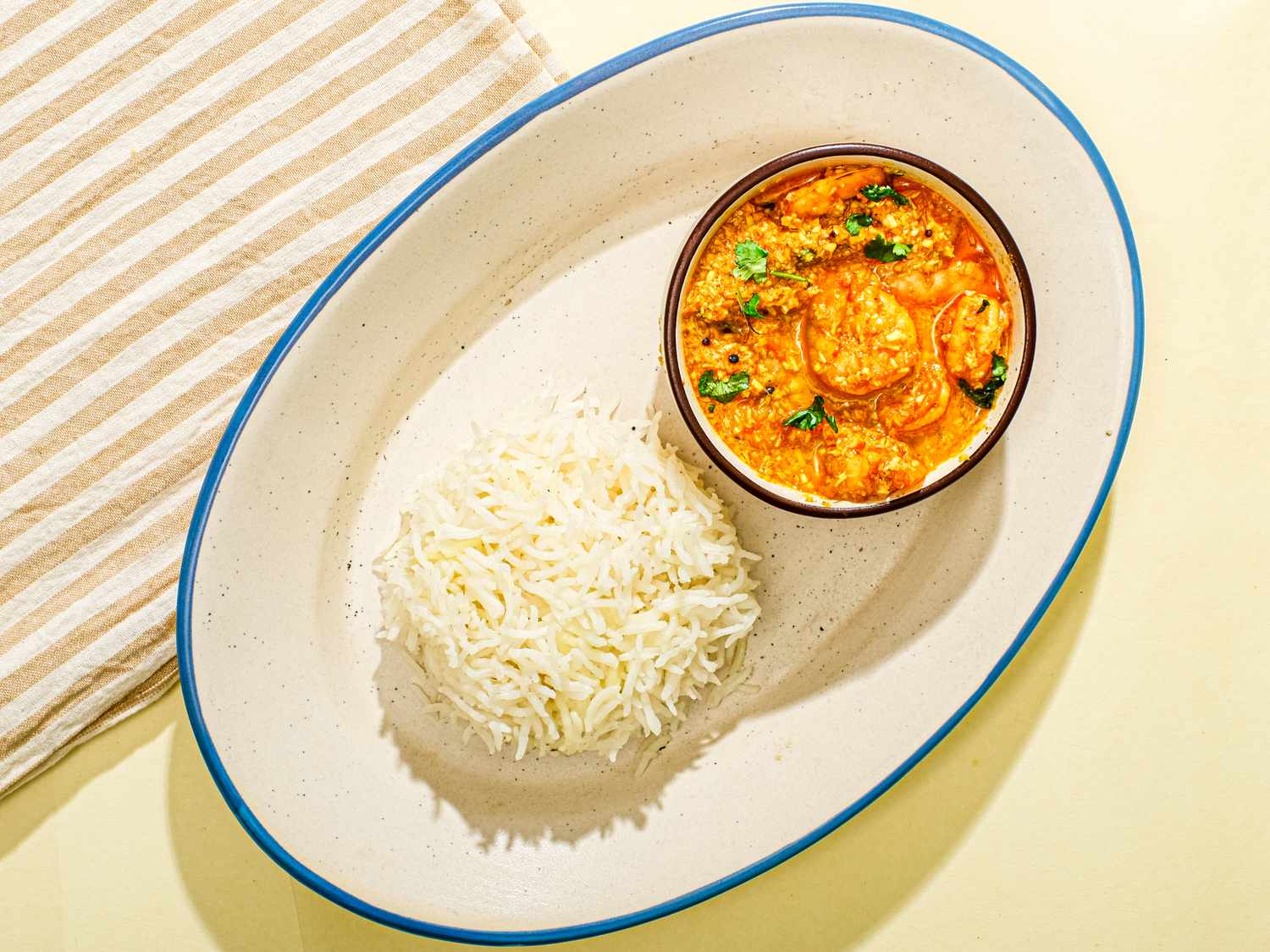 Overhead view of shrimp and rice