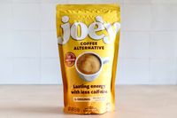 Joe'y coffee alternative package, includes claims of 12 superfoods and lasting energy with less caffeine