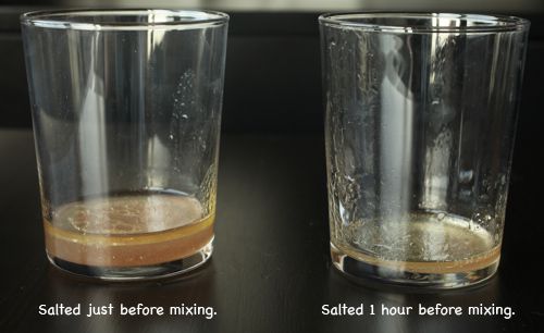 Split photos showing difference in juice-content depending on time of salting.