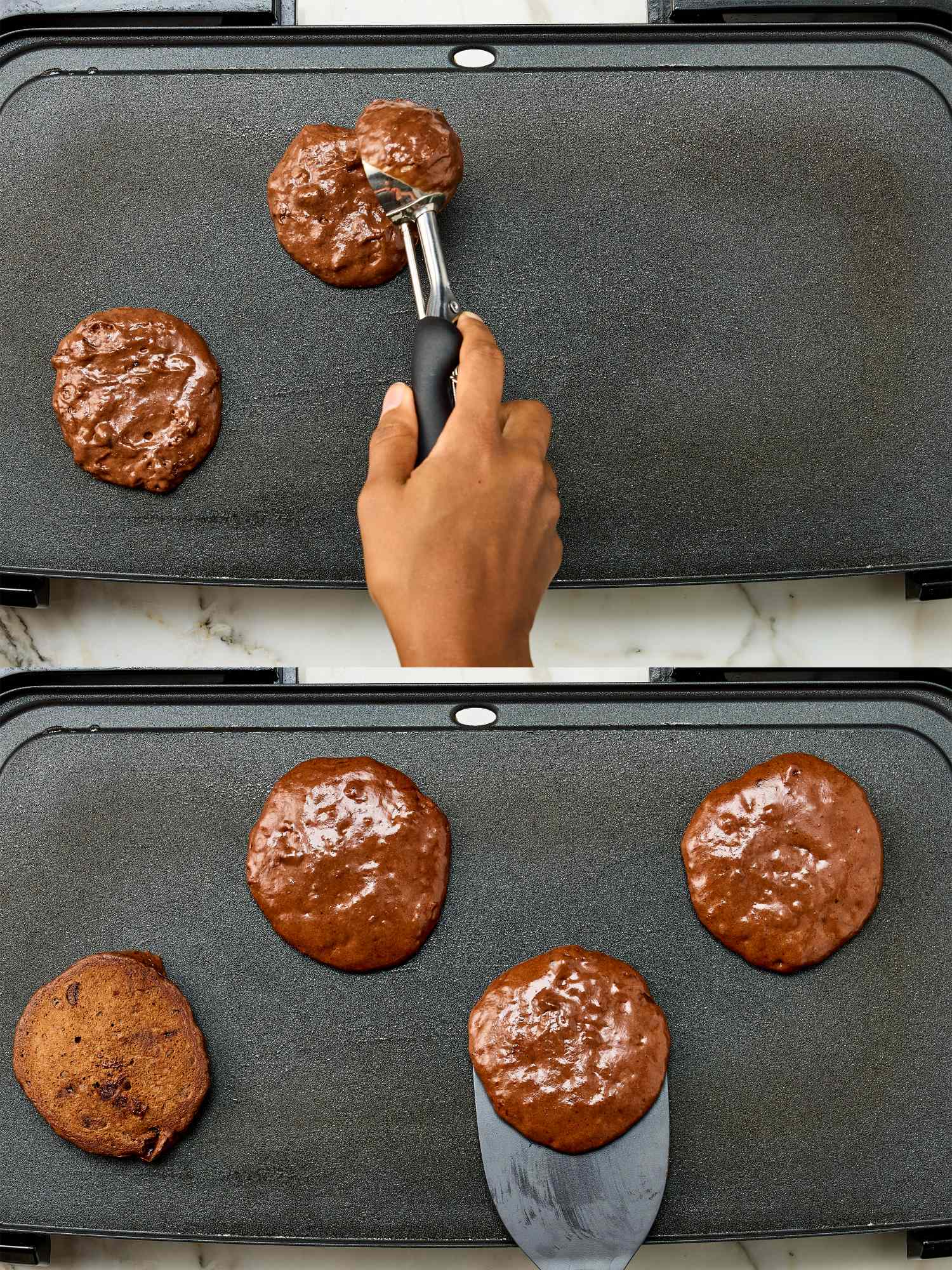 Two images showing a hand scooping chocolate pancake batter onto a griddle and flipping cooked pancakes with a spatula