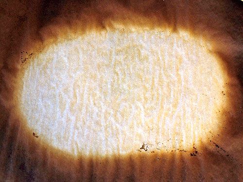 Overhead view of the parchment paper after baking pizza bianca. All of the paper not underneath the dough has been singed a dark brown by the extreme heat of the oven.