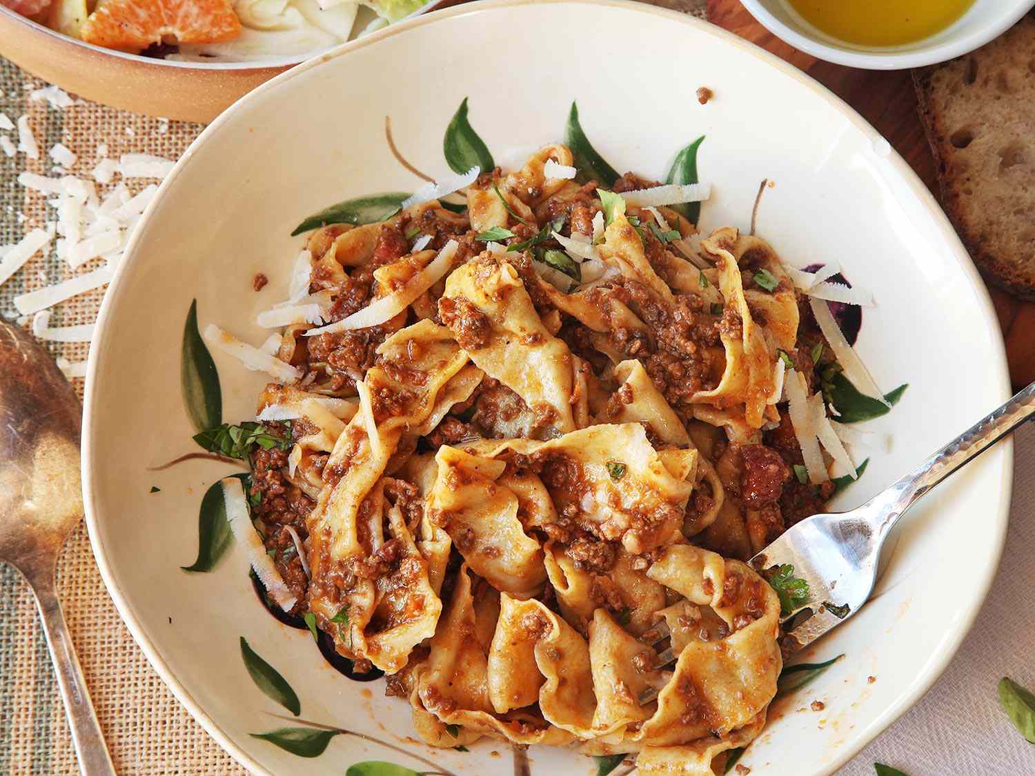 A bowl of pasta served with pressure cooker ragù Bolognese.