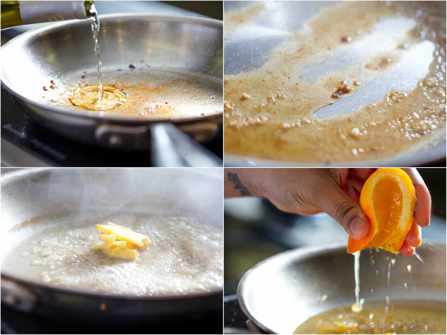 Collage of four stages making orange pan sauce with seared duck breast fond