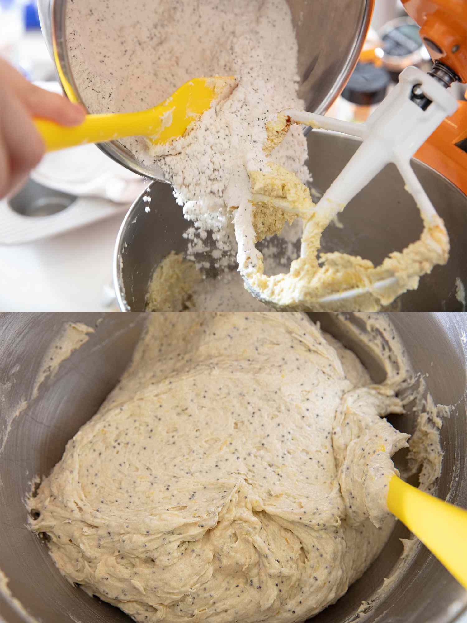 Mixing lemon poppy seed muffin batter in a bowl using a yellow spatula, ingredients being added in steps