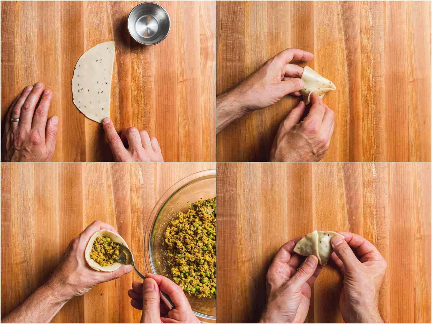 Collage of photos showing stuffing process for kheema samosa.