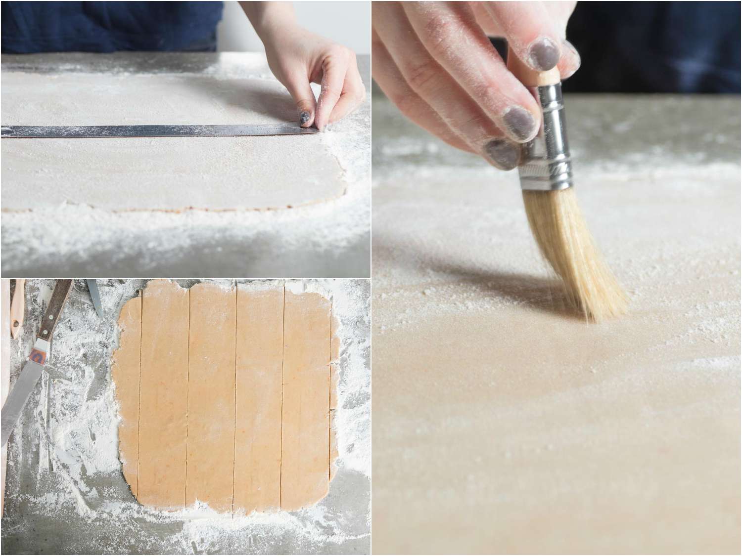 A 3-image collage of fig newton dough rolled out, measured, excess flour brushed off.