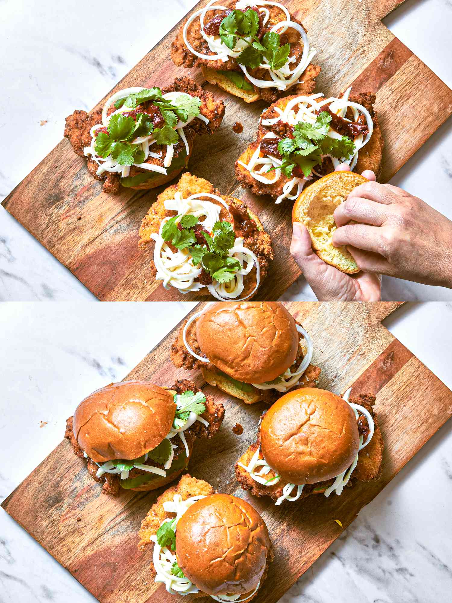 Two image collage of scooping out buns and closing sandwiches