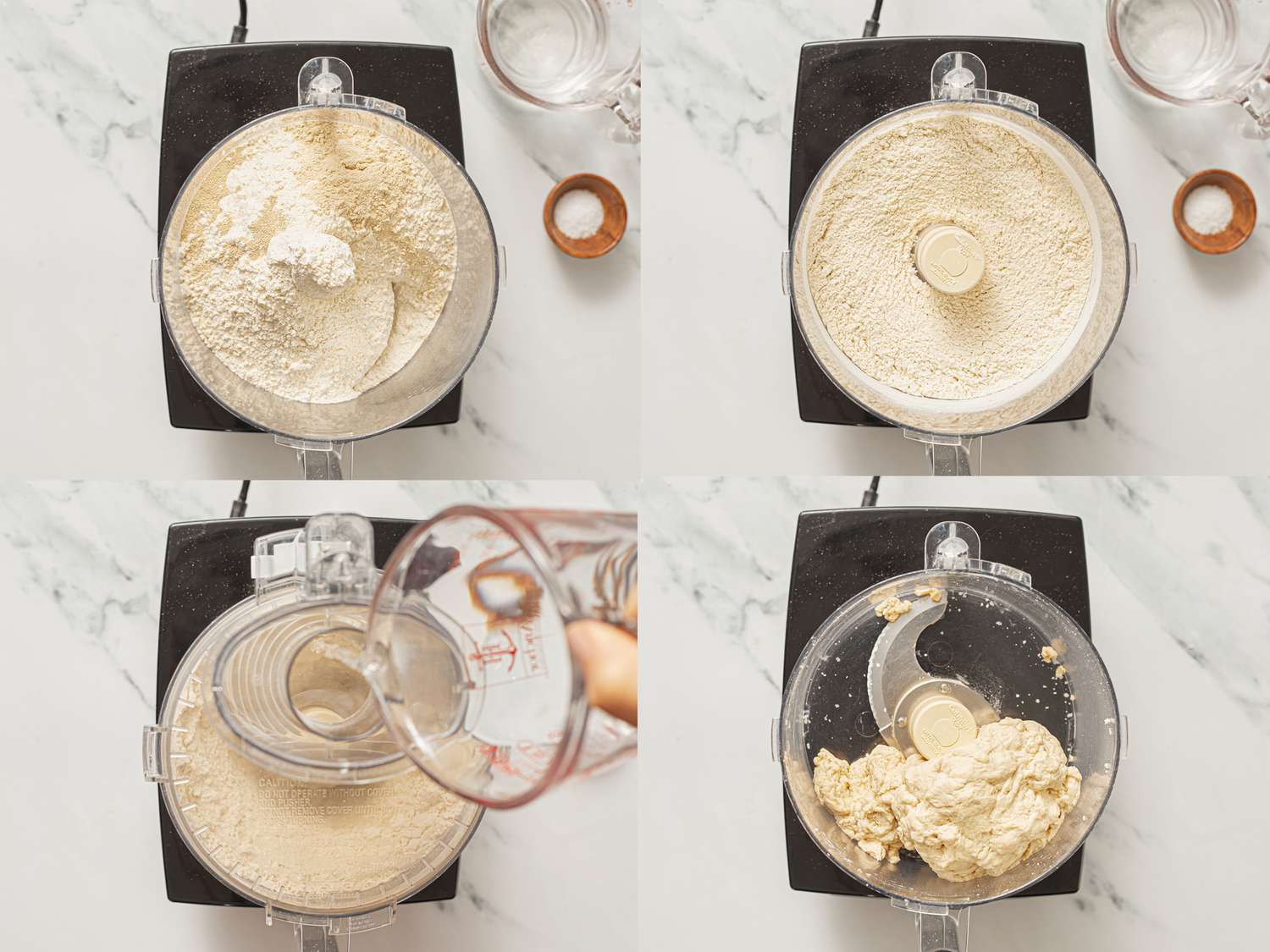 Steps for making dough in a food processor, flour and ingredients combined, water added, dough formed.