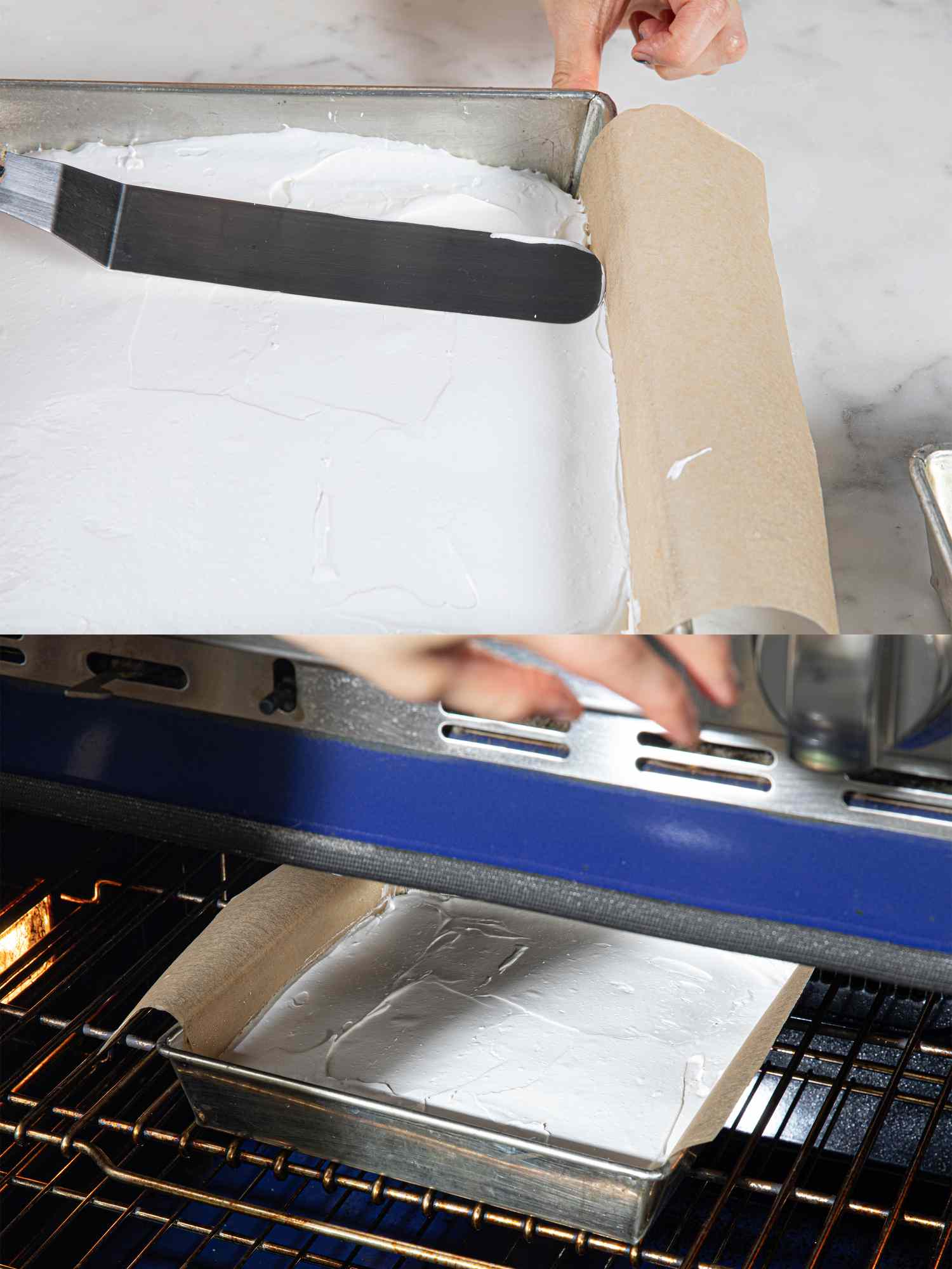 Two image collage of smoothing meringue into a baking tray an putting it into the oven