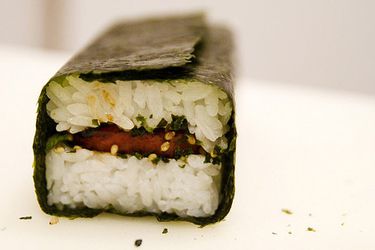 Spam musubi on a white surface