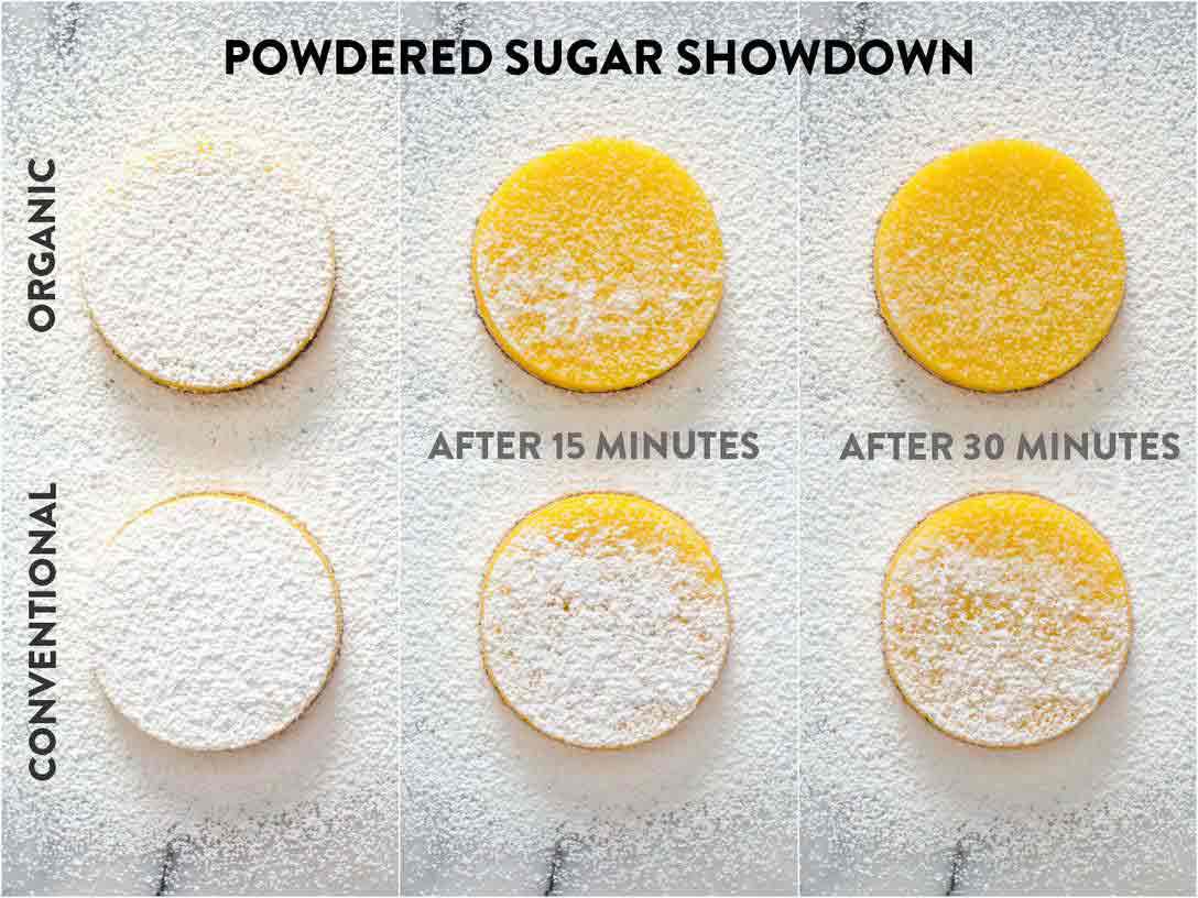 conventional and organic powdered sugar left on lemon bars test