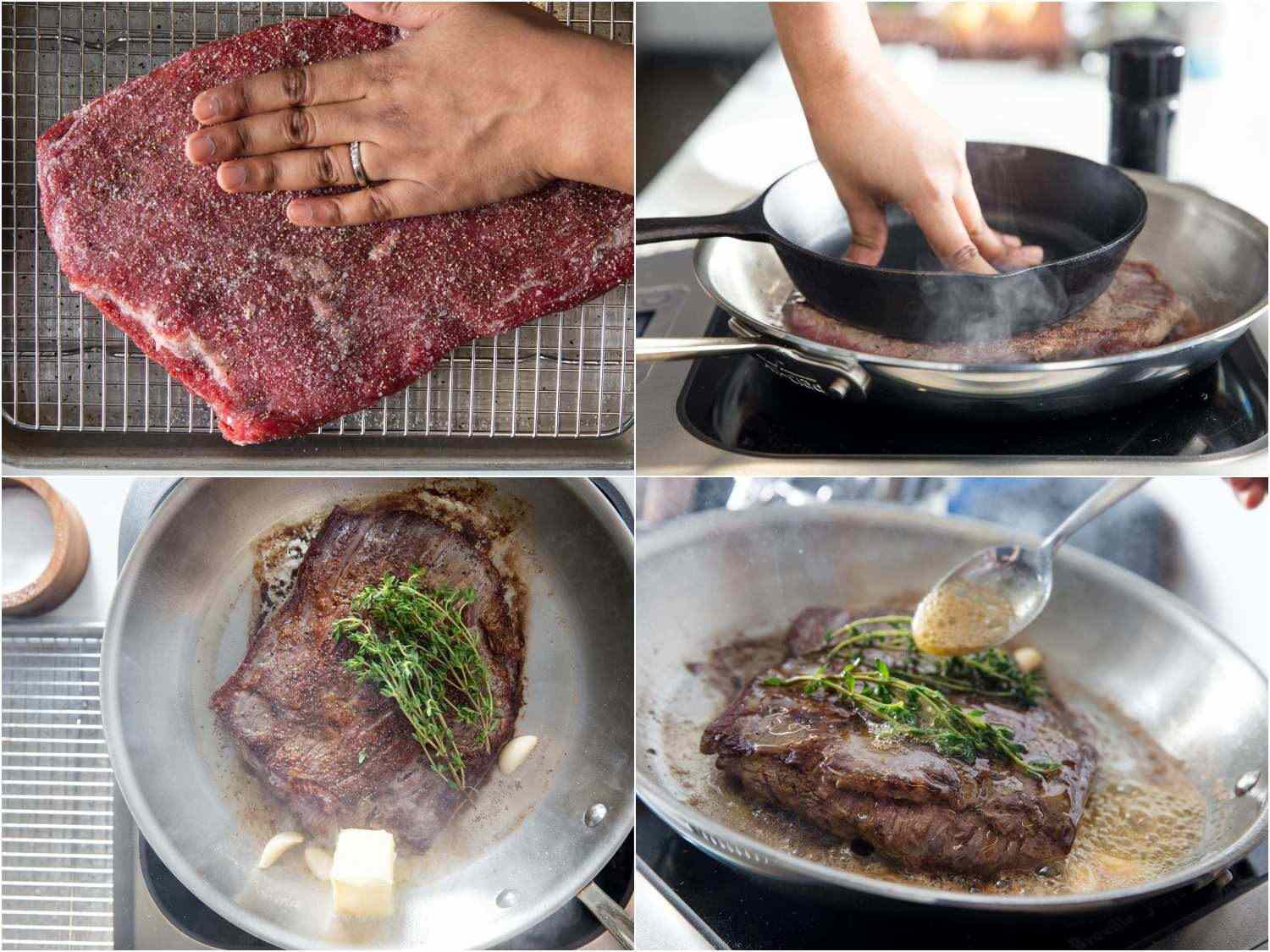 Collage of 4 photos of preparing flank steak: seasoning steak with salt and pepper on a wire rack, pressing a small cast iron pan on steak in the skillet, adding butter, garlic, and fresh herbs to the pan, basting steak as it cooks.