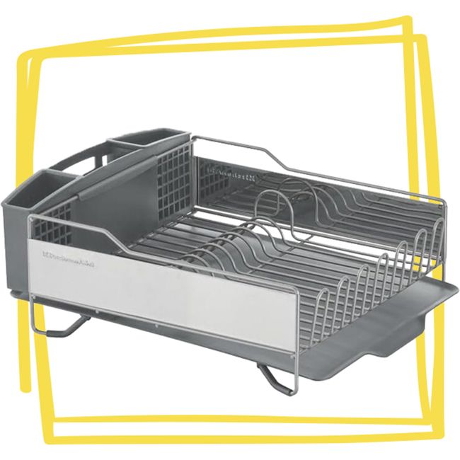 A large capacity dish rack from KitchenAid featuring metal dish slots and compartments for storage