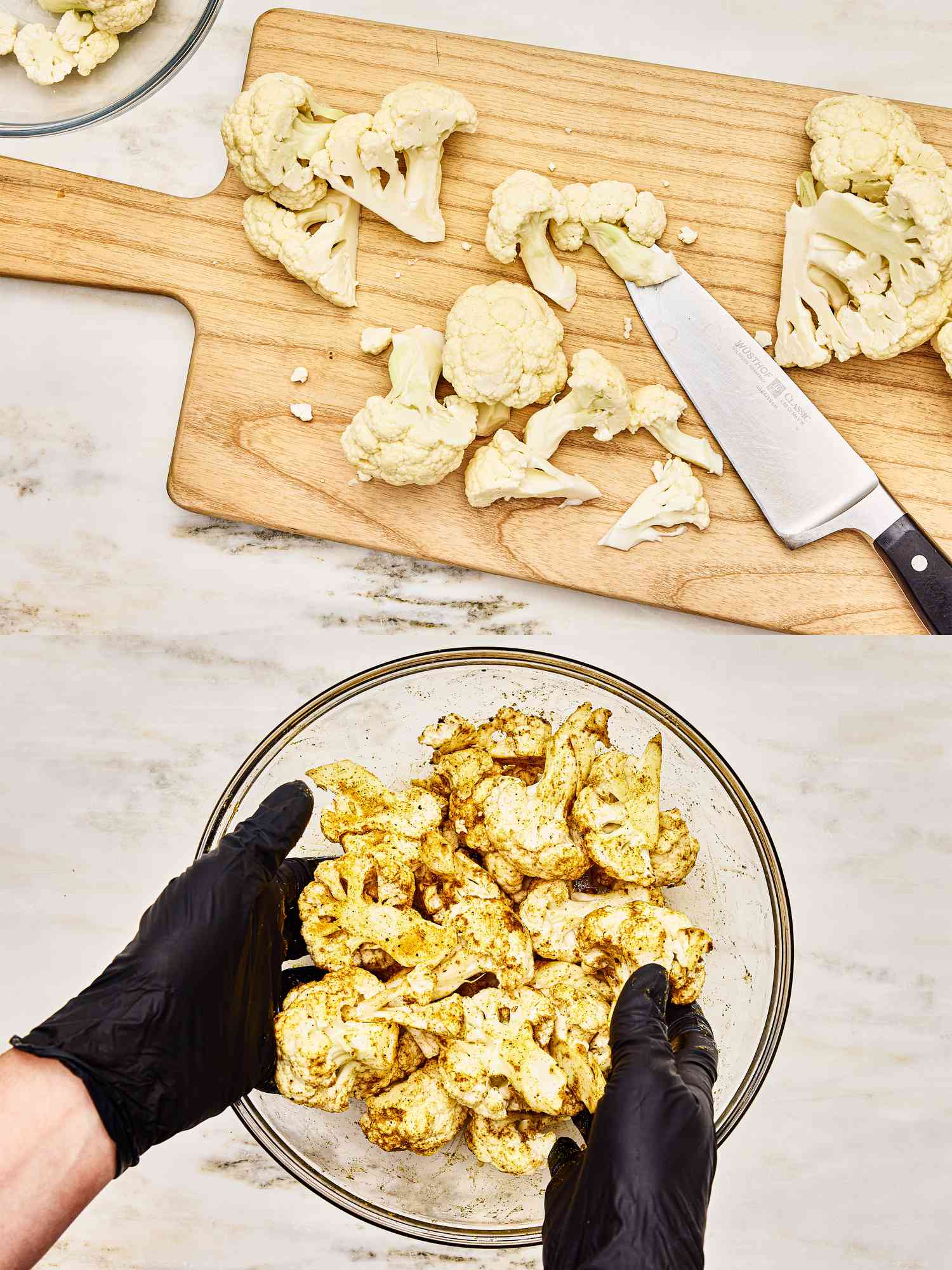 Two image collage of prepping cauliflower for airfryer