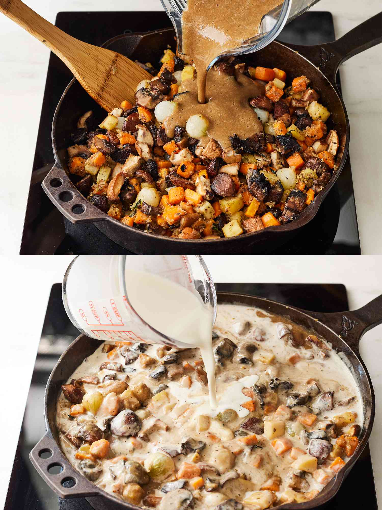 Two image collage of creating potpie