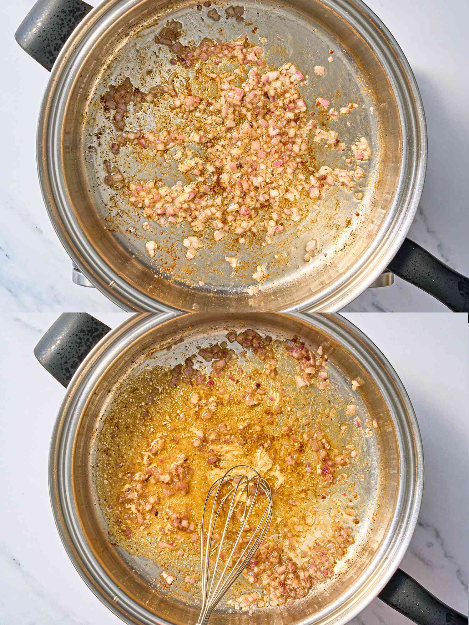 Two image collage of cooking shallots