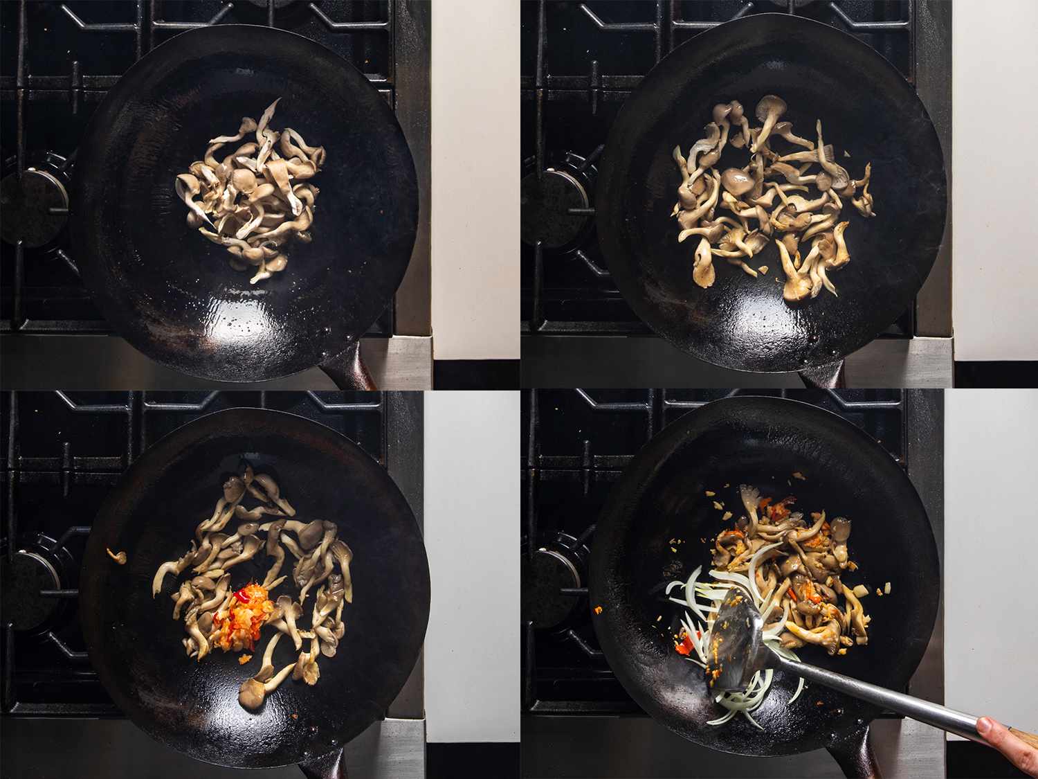 Four image collage of mushrooms, chile paste, and bean sprouts being cooking a wok