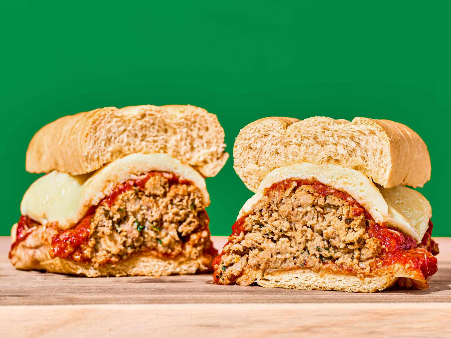 Side view of cut meatball sub