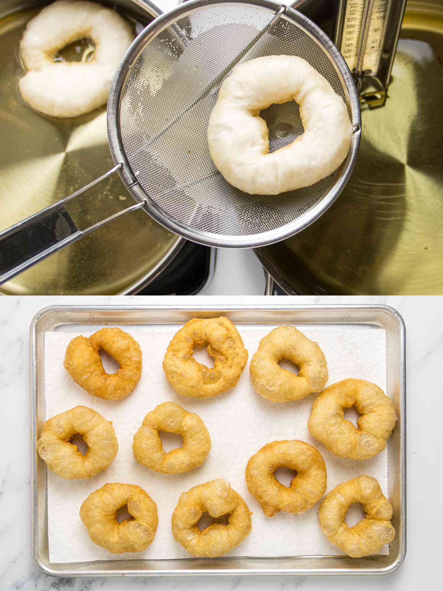 Steps showing the frying of Sfenj donuts and the finished donuts on a tray