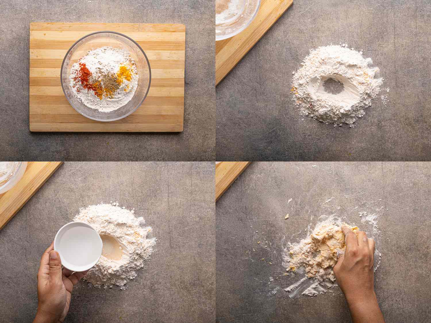 Steps of mixing flour spices and water for dough preparation progressing to kneading the dough by hand