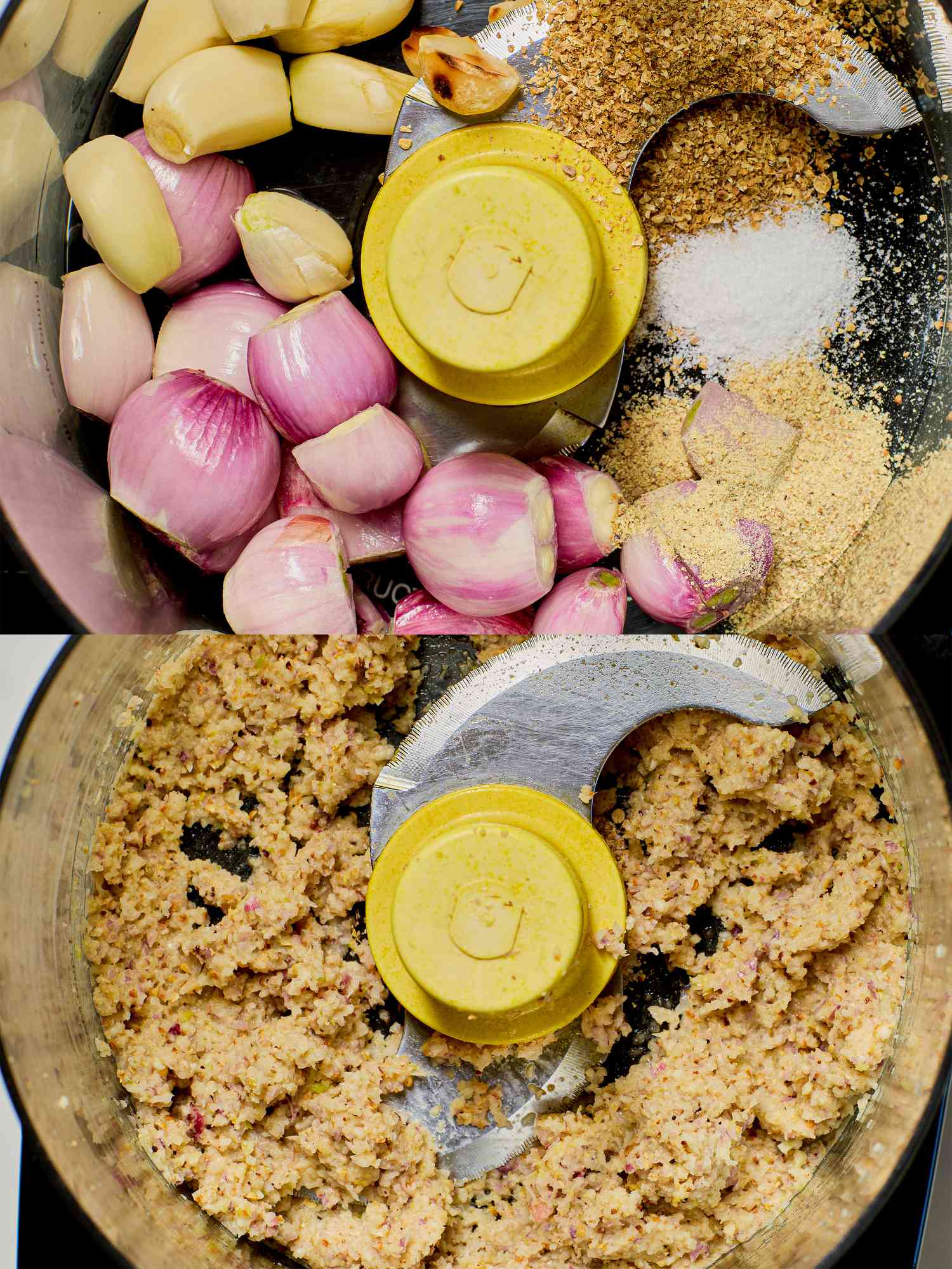 Two image collage of overhead view of spice paste in food processor before and after
