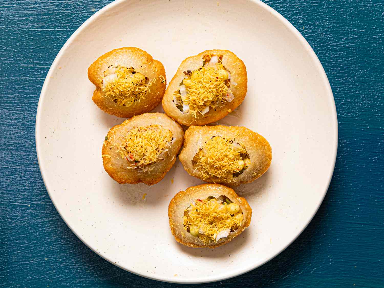 Overhead view of prepared pani puris
