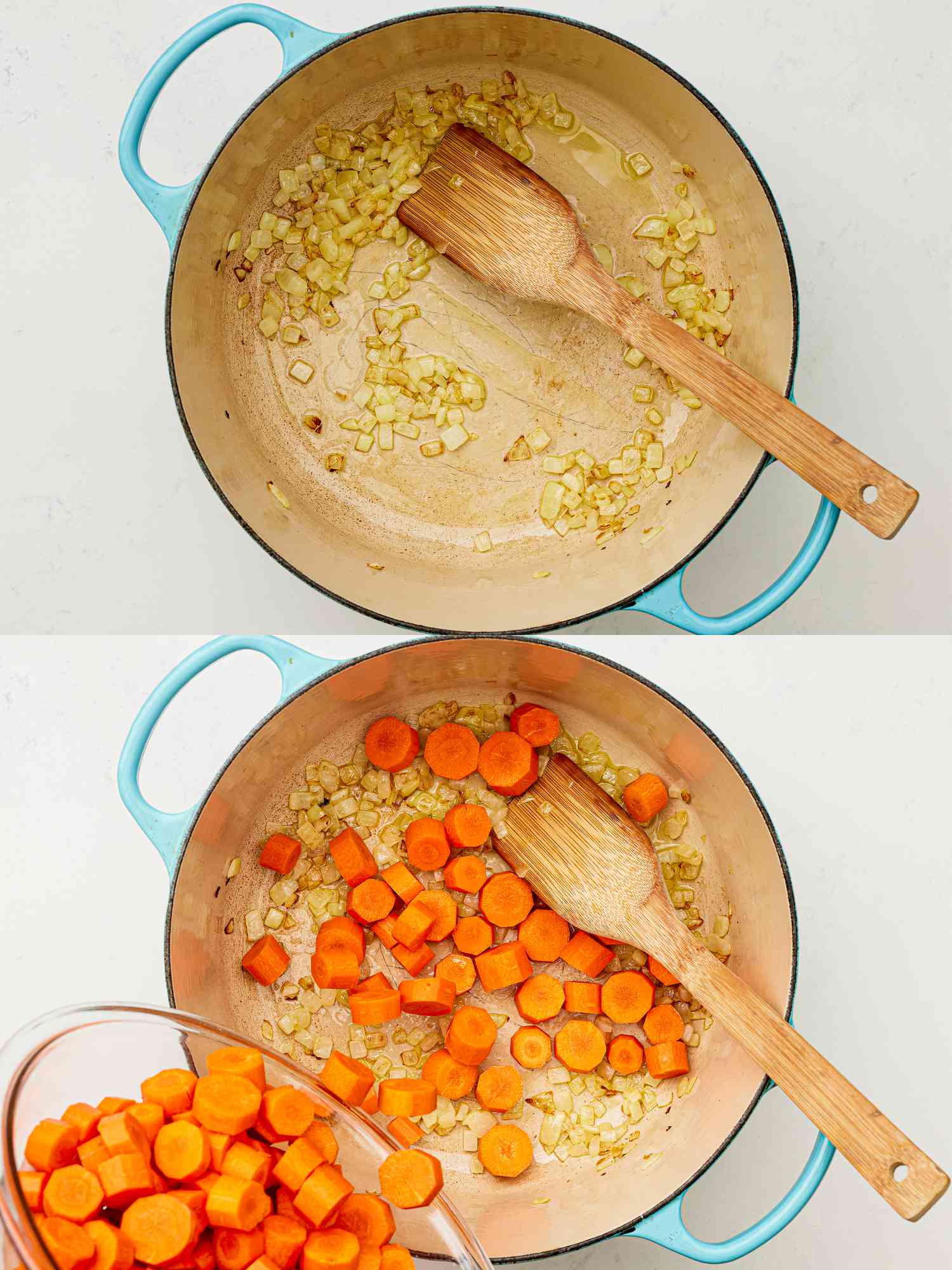 Two image collage of overhead view of onions and carrot cooking in a dutch oven