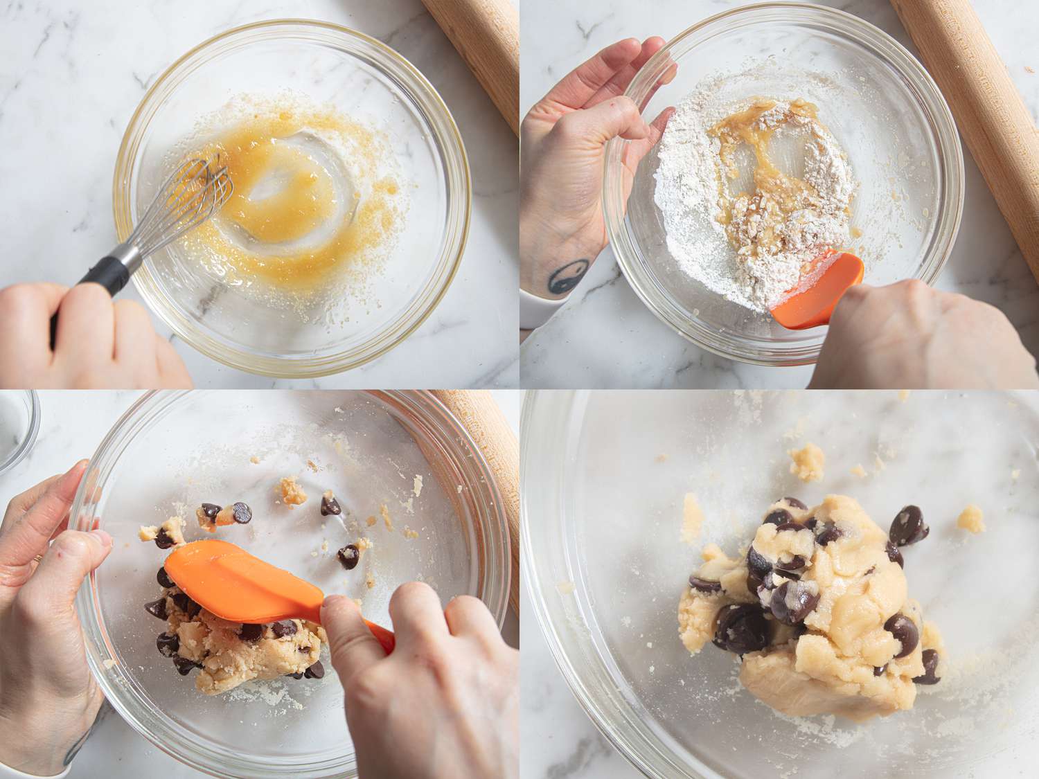 Four image collage of mixing edible cookie dough together