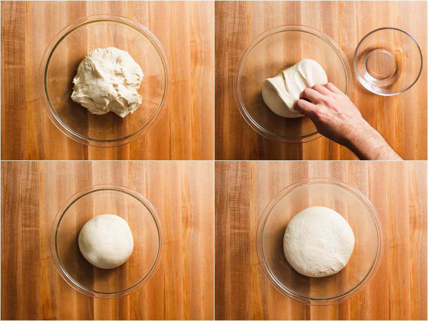Collage showing dough being briefly kneaded then allowed to proof until doubled in size