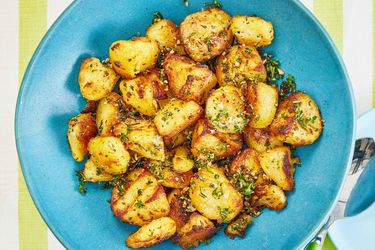 Overhead view of air fryer potatoes
