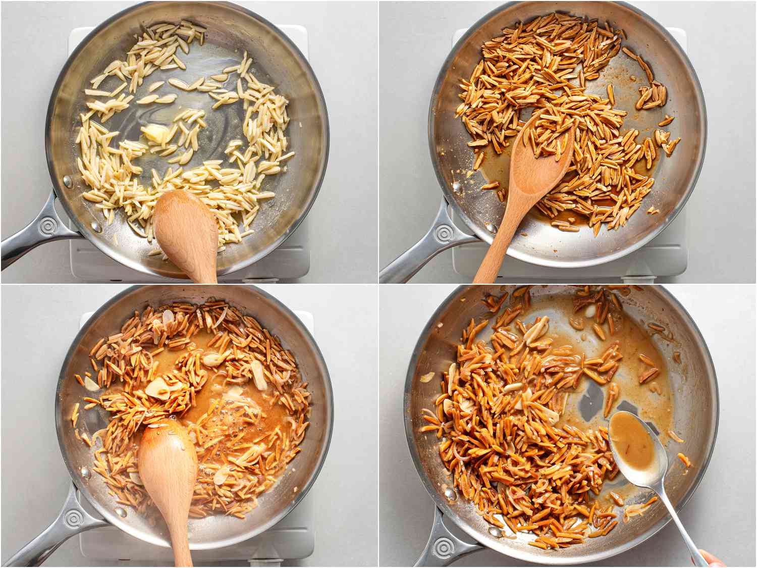 A collage showing the slivered almonds being toasted in fat and then made into a glossy sauce.