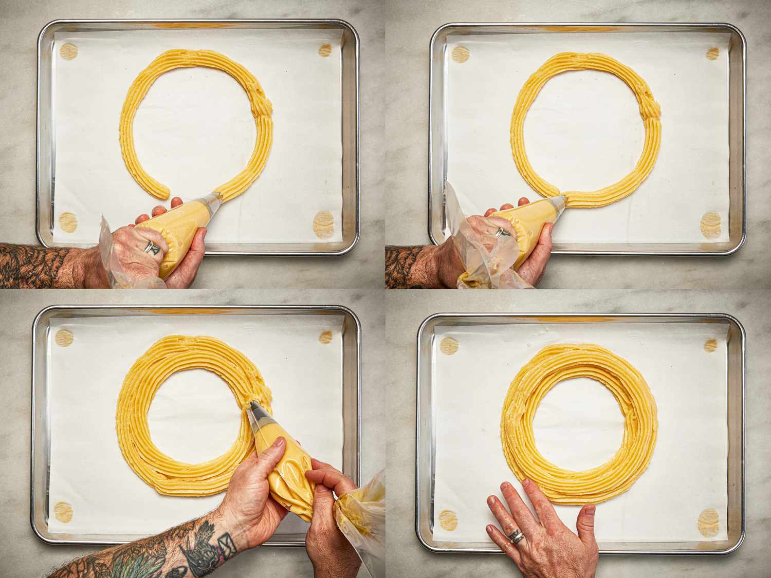 Four image collage of pipping choux ring