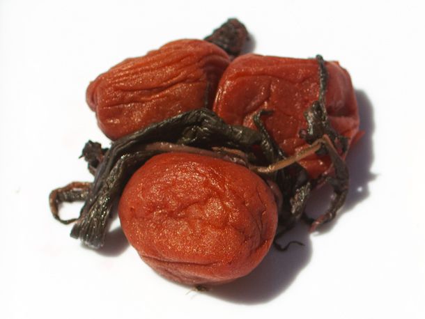 A type of small, shrunken pickled plum popular in Japanese cuisine.