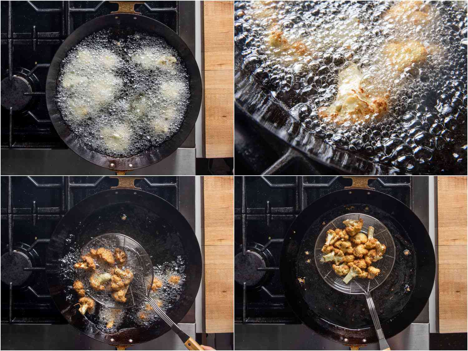 Collage showing frying of cauliflower florets