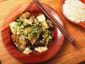 Overhead shot of braised eggplant with tofu, garnished with chopped scallions with a side of steamed white rice.