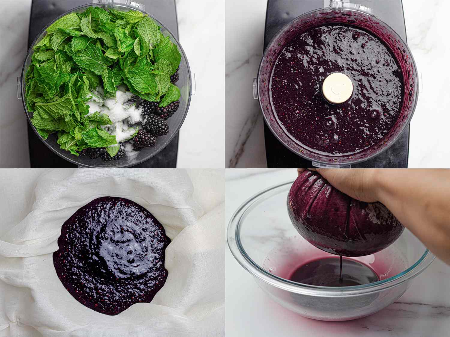 Four Image collage of creating blackberry puree for kombucha flavoring