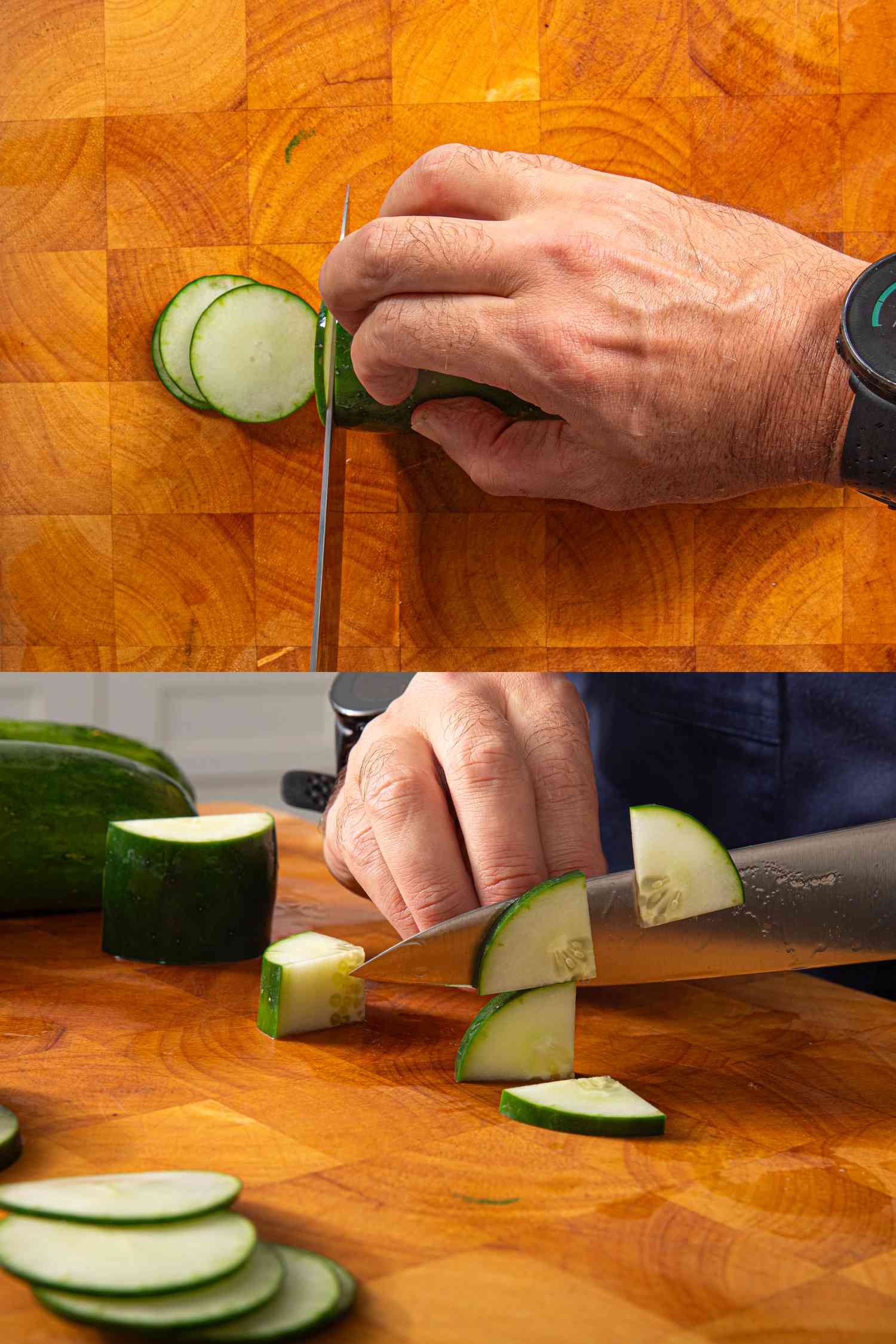 Two image collage of cutting cucumbers
