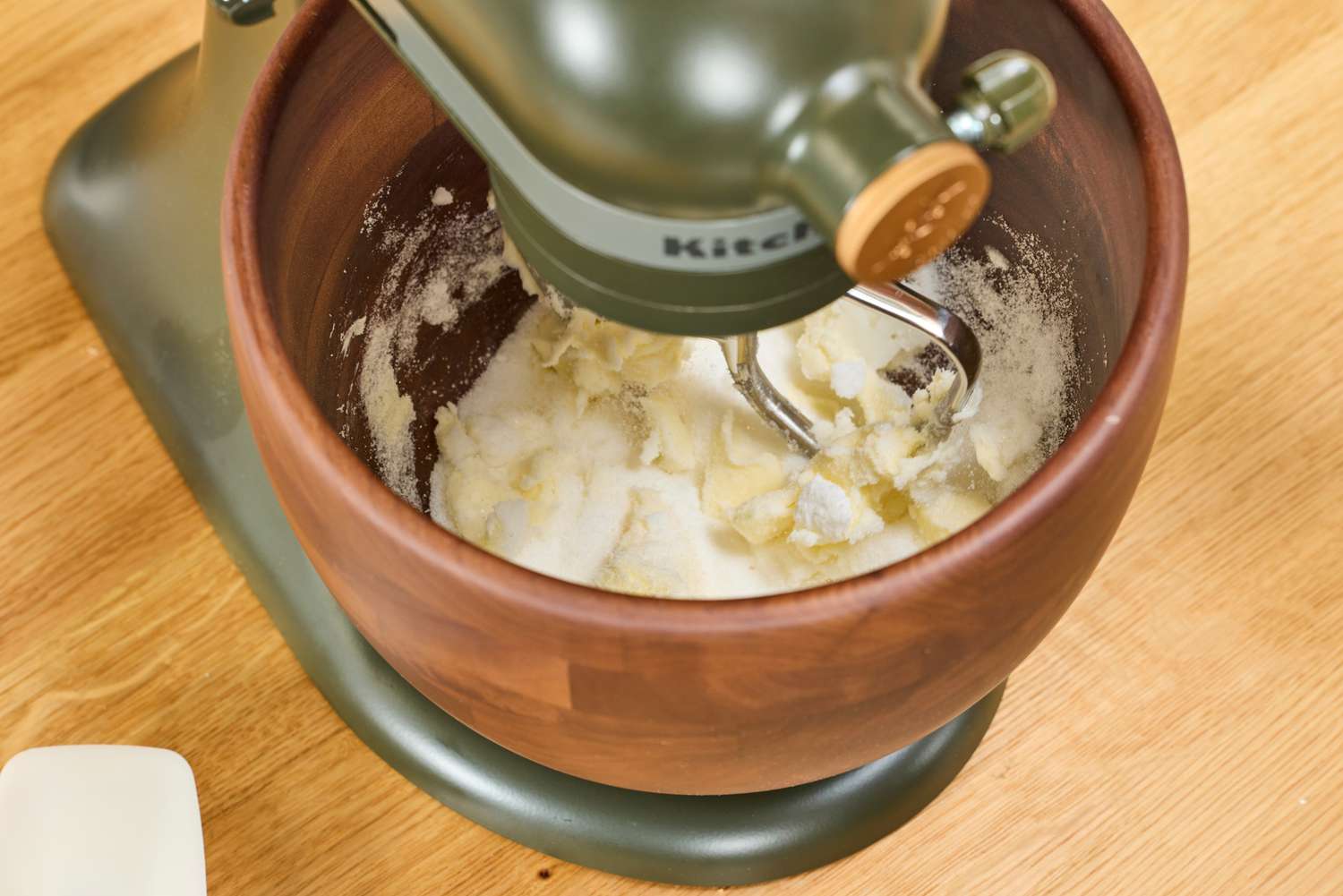 Batter is made in the KitchenAid Design Series Evergreen Stand Mixer