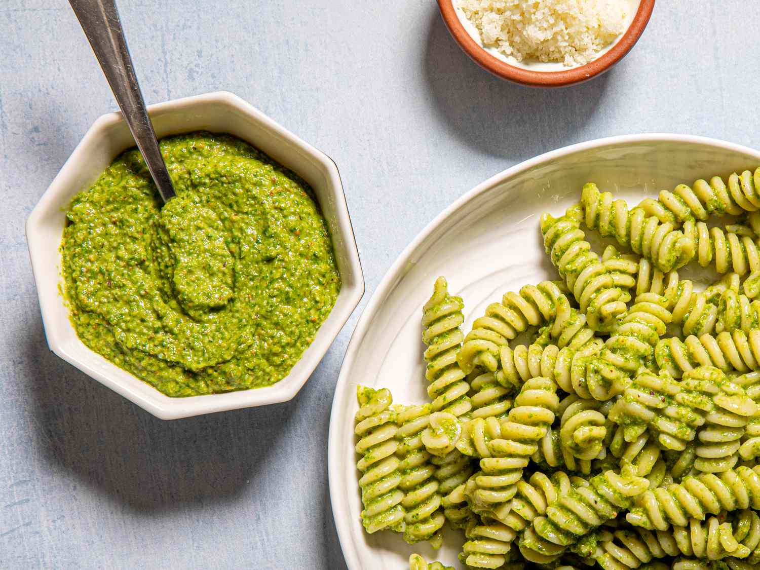 Overhead view of pesto in a bowl