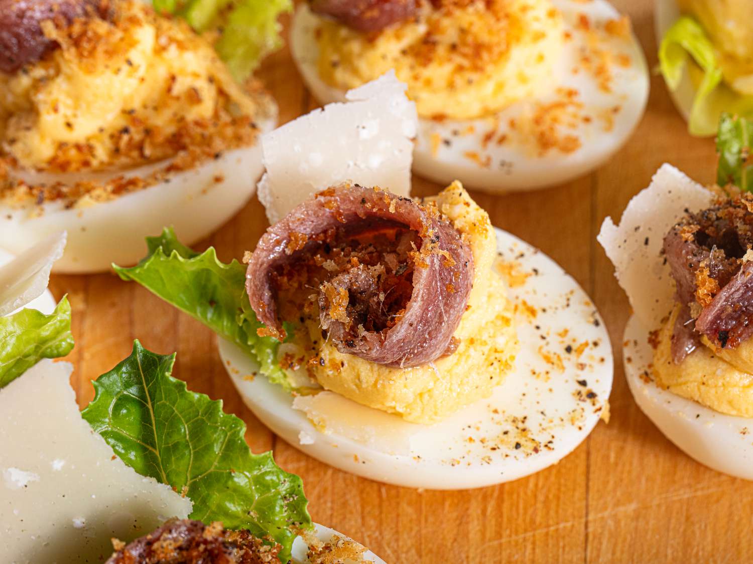 Side view of caesar deviled eggs