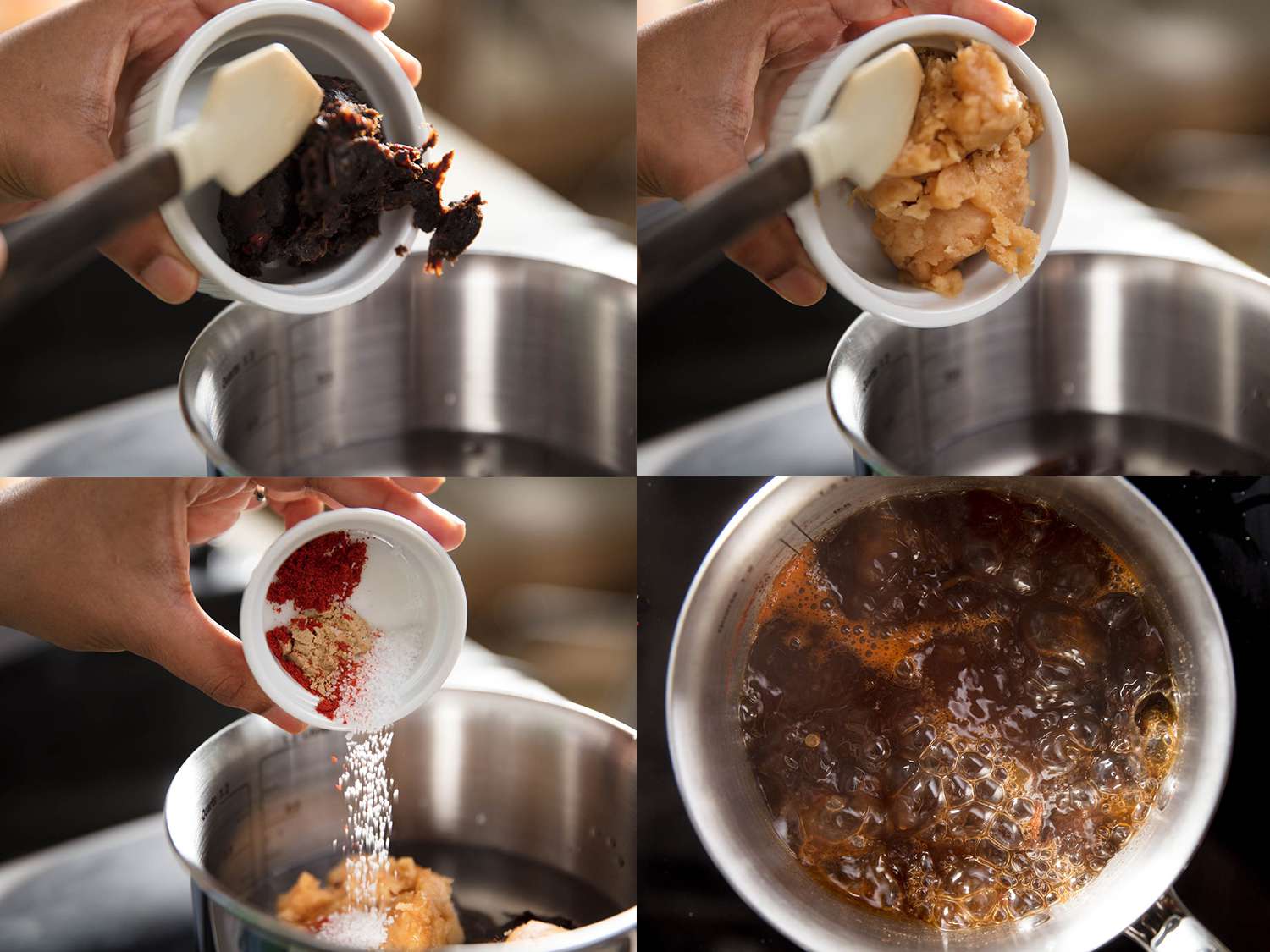 A four-image collage. The top left image shows the tamarind paste being transferred from a small white ramekin into a stainless steel pot. The top right image shows the sugar being transferred into the pot. The bottom left image shows the spices being transferred into the pot. The bottom right image shows the ingredients fully incorporated in the pot and coming to a boil.