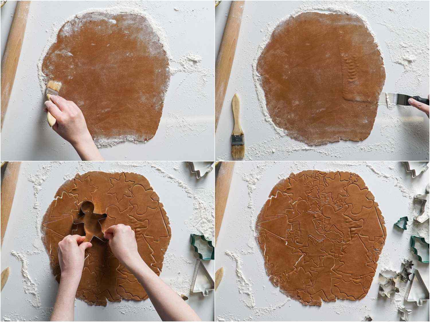 A collage: brushing away the excess flour from the dough slab and cutting the cookies into various shapes.