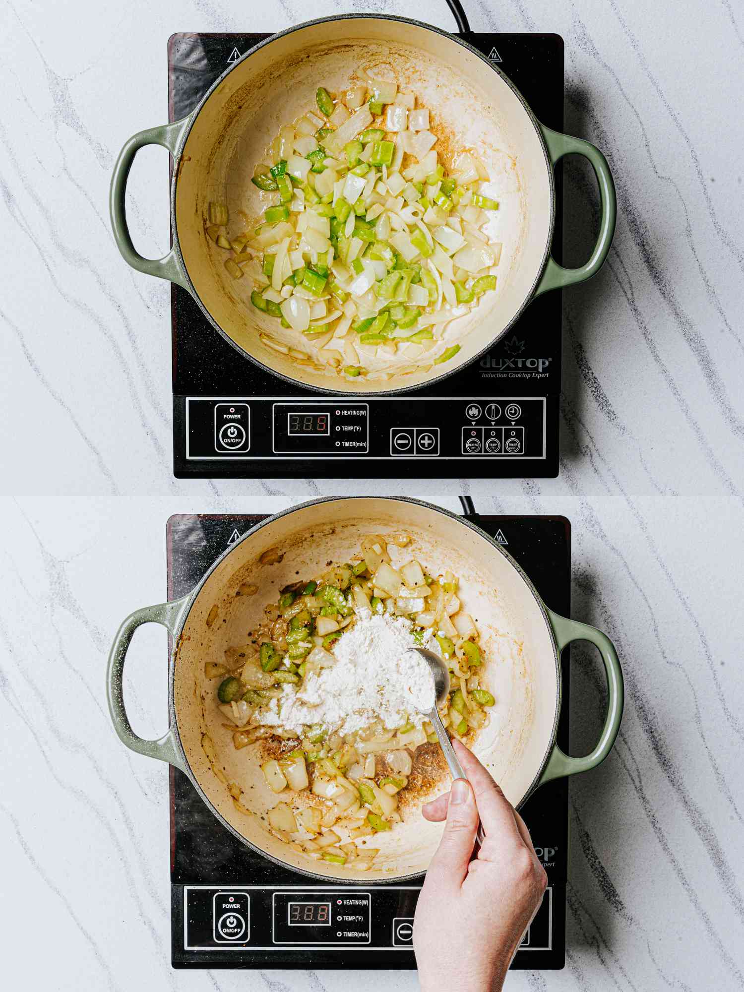 2 image collage. Top: Onion and Celery cooking in dutch oven. Bottom: Adding flour into onion celery mixture 
