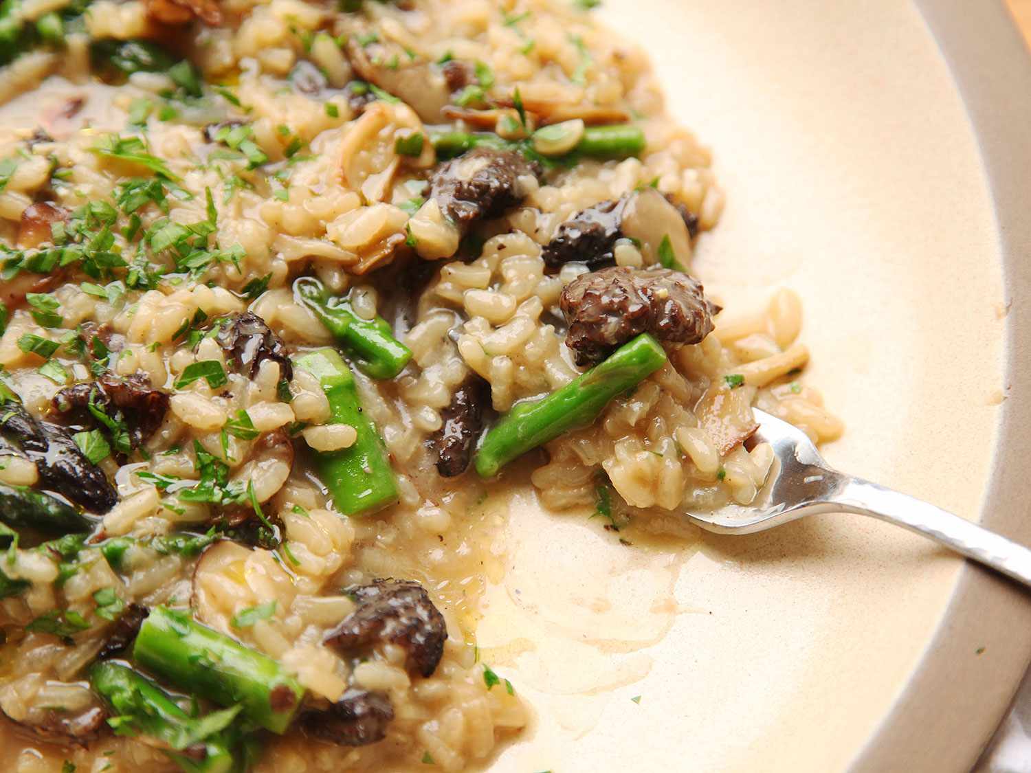 Closeup of a plate of risotto studded with asparagus and morels.